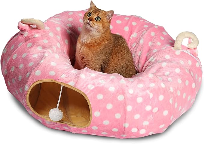 AUOON Cute Cat Donut Tunnel - Round Cat Tunnel Bed with Washable Cushion Interactive Cat Toy for Indoor Cats Kitten Kitty Puppy Rabbit Ferret (Pink)-PawvioPets