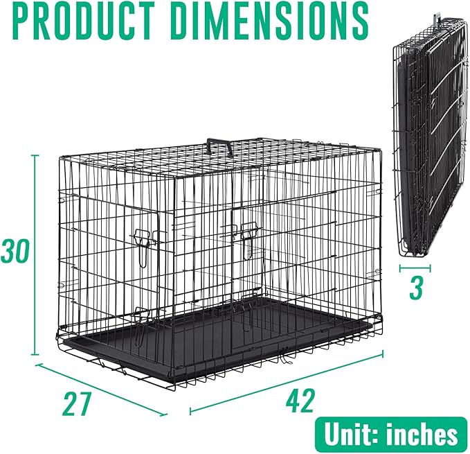 FDW Dog Crate for Large Dogs 42 Inch Folding Metal WirePet Cage Double Door W/Divider Panel Indoor Outdoor Kennel Leak-Proof Plastic Tray,Black-PawvioPets