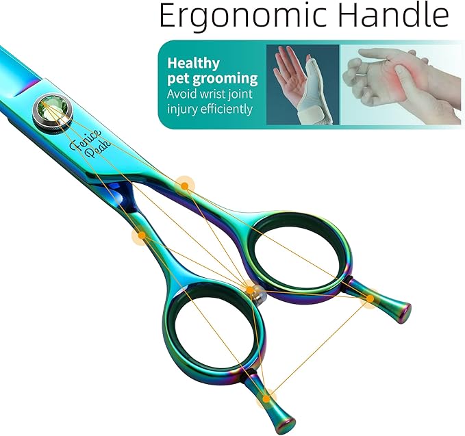 Fenice Peak 7.5'' Green Curved Dog Grooming Scissors Pet Shears with Ergonomic Offest Handle and Simulated Emerald Screw 440C Grooming Scissors Trimming Shears Durable and Sharp-PawvioPets