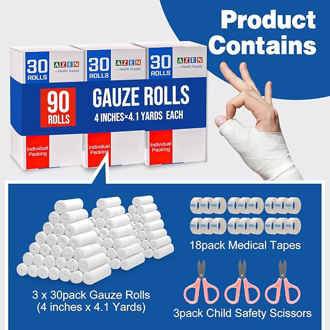AZEN 90 Pack Gauze Rolls Bandages, 4 in x 4.1 Yards, Premium Medical Supplies & First Aid Supplies, Bandage Wrap Vet Wrap, Mummy Wraps (3 Boxes x 30 Rolls)-PawvioPets