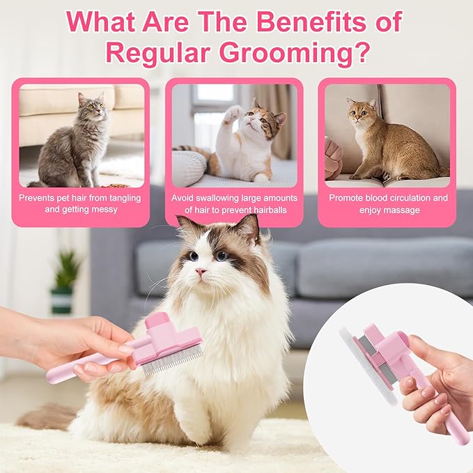 2PCS Flea Comb for Cats and Dogs with Pet Hair Remover Glove, Self Cleaning Pet Flea Cat Grooming Brush with Release Button for Massaging and Cleaning Shedding Pets Hairs-PawvioPets