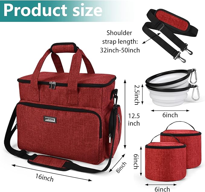 BAGLHER Dog Travel Bag, Pet Travel Bag (ALL Pet Travel Supplies), With 2 Pet Food Containers and 2 Collapsible Silicone Bowls; Essential Kits for Pet Travel Red-PawvioPets