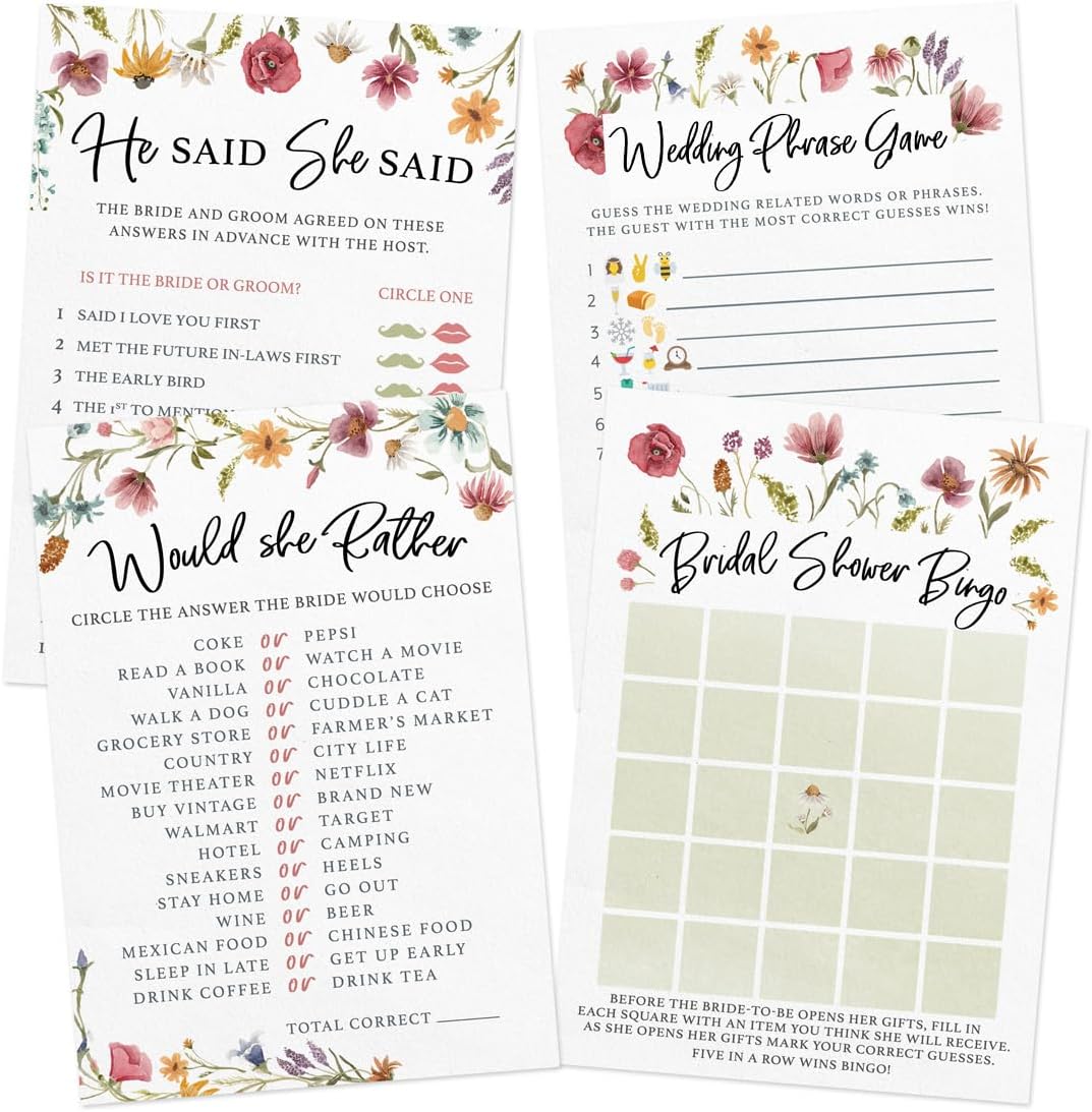 Printed Party Bridal Shower Game Set – 4 Fun Games and Activities for 30 Guests, Includes Bingo, He Said She Said, Bride & Groom Trivia, and Wedding Phrase Guessing Game, Love In Bloom Wildflower Design