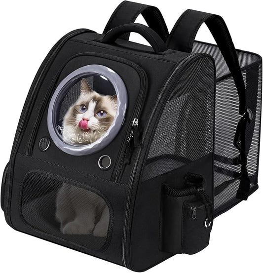 Expandable Pet Carrier Backpack with Transparent Bubble Window, Gray Mesh Travel Bag, Portable Space Capsule Design with Foldable Dogs Carrier for Pets (Black)-PawvioPets