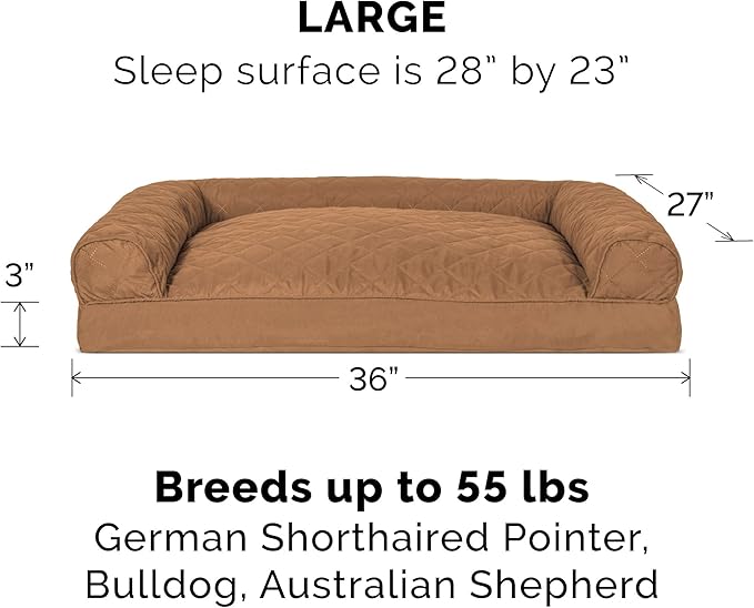 Furhaven Pillow Dog Bed for Large/Medium Dogs w/ Removable Bolsters & Washable Cover - Quilted Sofa - Toasted Brown, Large-PawvioPets