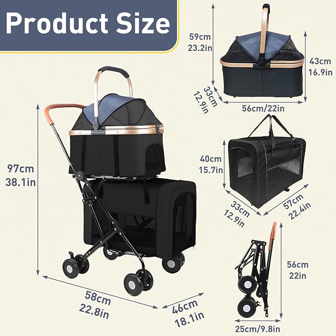 Double Pet Stroller for 2 Dogs or Cats, Folding Dog Stroller with 2 Detachable Carrier Bags, Safety Belt, 4 Lockable Wheels, Separate Compartments, for Multi-Pet Homes (Black)-PawvioPets