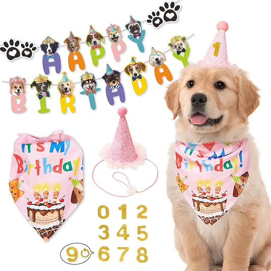 Dog Birthday Party Supplies Set,Birthday Bandana,Boy Girl Dog Birthday Hat with Numbers,Happy Birthday Banner for Golden Retriever French Bulldog Labrador Teddy Husky (Pink)-PawvioPets