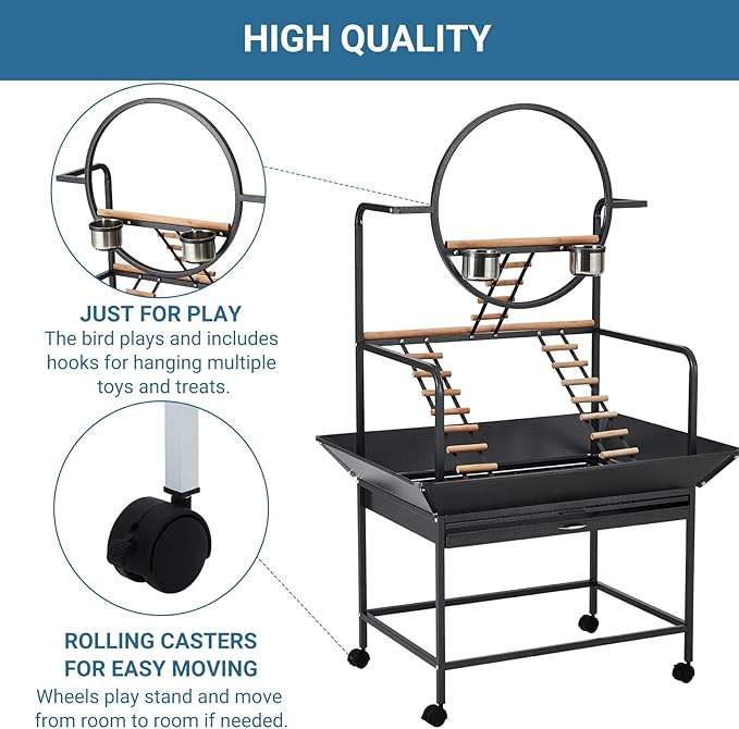 Bird Playstand, 66'' H Inch Birdcage Stand Activity Play Center with Perches and Ladders, Removable Tray, Indoor Outdoor Playground for Parakeet,Cockatiels Conures Parrots, Lockable Caster,Black-PawvioPets