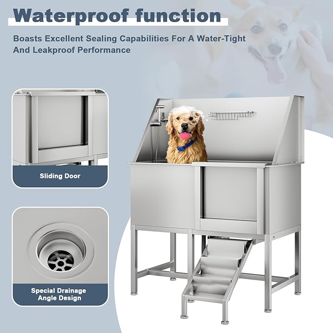 CuisinSmart 50" Dog Bathtub for Large Dogs, Professional Dog Washing Station with Dog Wash Attachment, Bath Pool for Outdoor, Indoor Shower and Grooming (50" Right Door)-PawvioPets