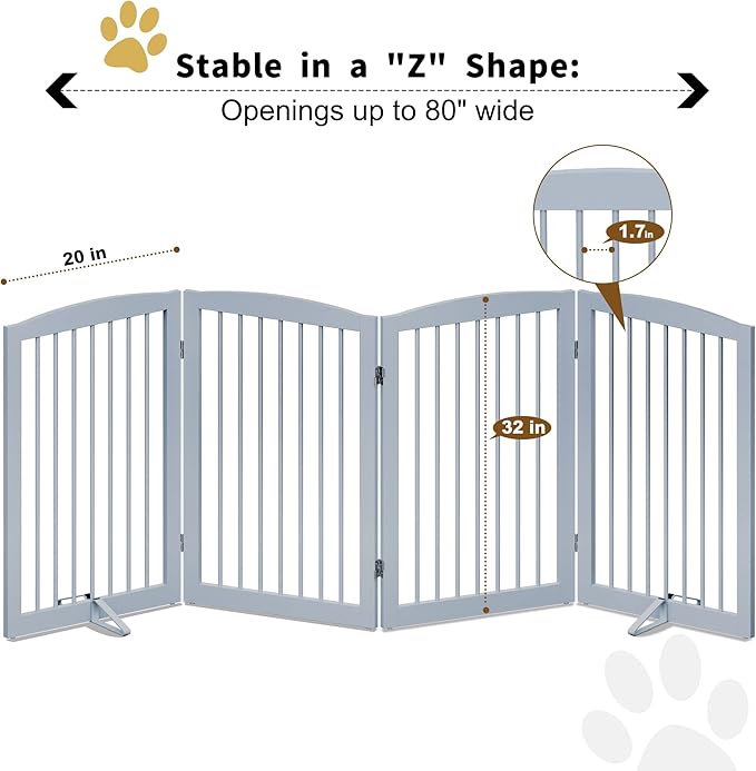 Freestanding Wooden Pet Gate - Foldable Indoor Dog Gate, 80 Inch Wide, 4 Panels, Grey-PawvioPets