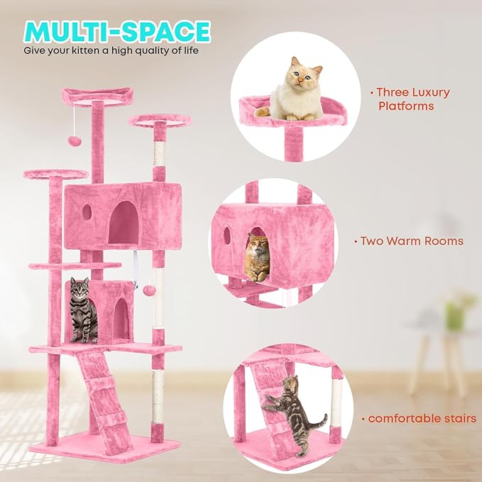 FDW Cat Tree 70in Cat Tower Multi-Level Durable Cat Scratching Post & Cozy Fun Cat Jumping Platform Space Saving Cat Condo Pet Play House for Indoor Cats,Pink-PawvioPets