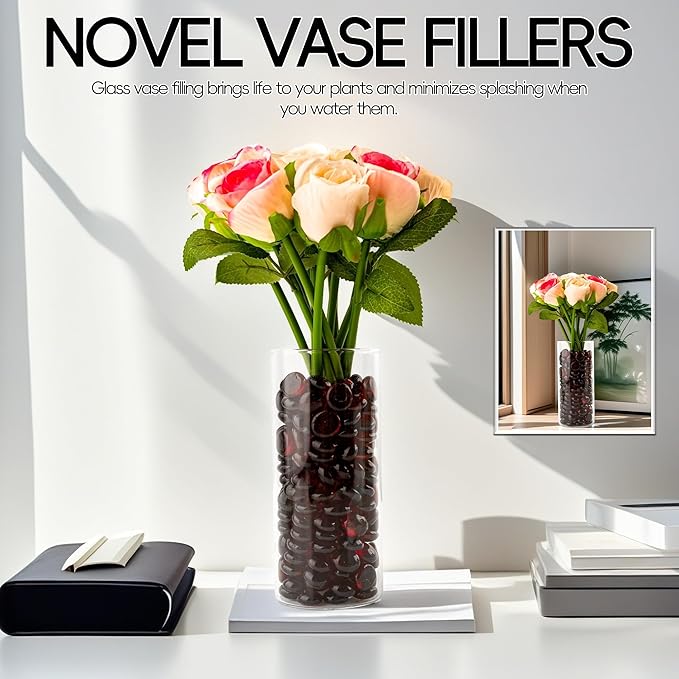 2 LB Dark Red Glass Marbles, Mini Flat Glass Beads for Vase Fillers, Floral Bottom Mancala Gems Pebbles Fish Tank Rocks for Table Aquarium,Home Decor Art Craft Supplies(0.5"~0.7")-PawvioPets