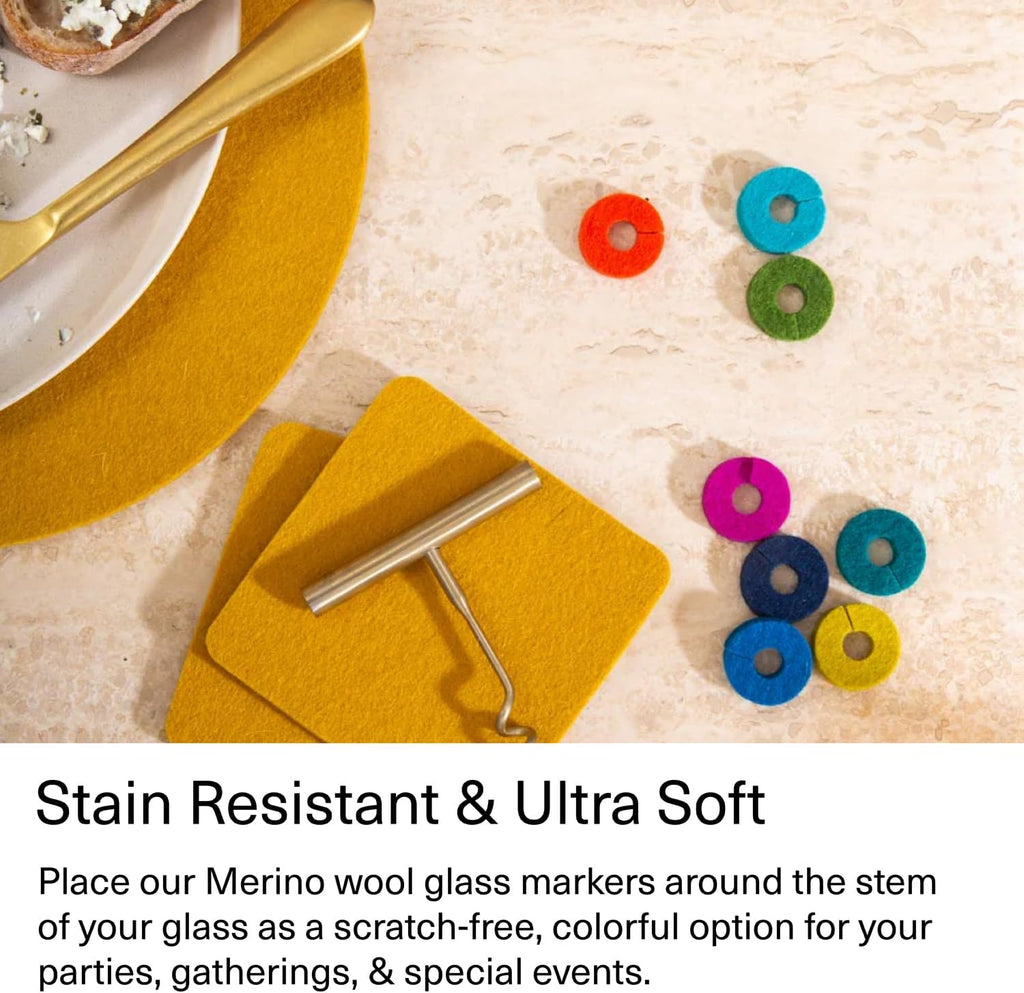Graf Lantz - Wine-O's Merino Wool Wine Glass Charms (Rainbow) 12 Count - Drink Markers with Note Card - Reusable - 12 Colors - Boho Style - Home Decor, Party Favors & Vacation Essentials - 5mm Felt