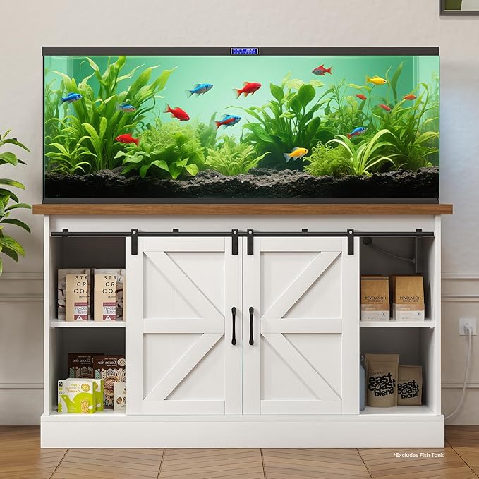 Fish Tank Stand Up to 75 Gallon, Aquarium Stand with Sliding Barn Doors & Power Outlet, White Farmhouse Style Stand with Cabinet Storage for Fish Tank, Turtle Tank, Reptile Terrarium,1000LBS Capacity-PawvioPets