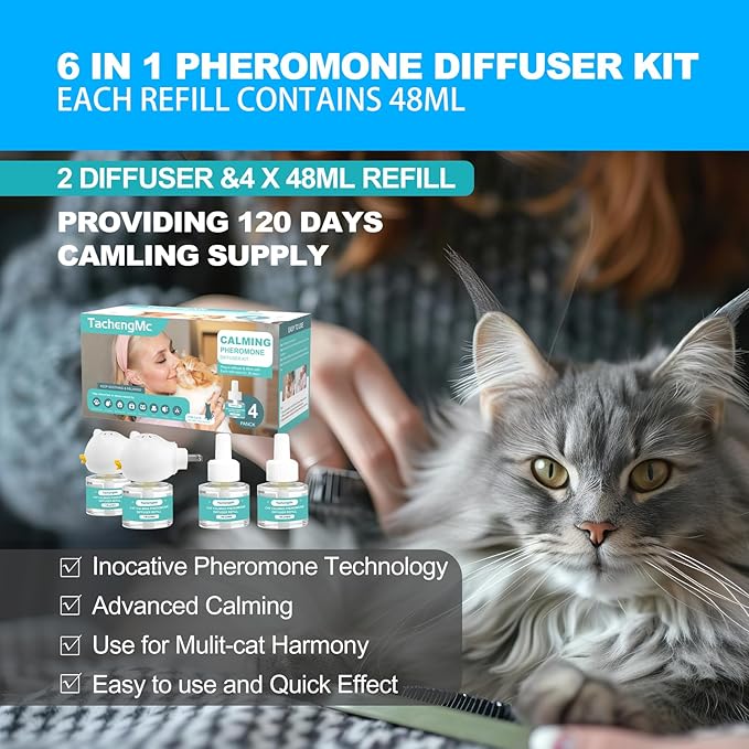Cat Calming Diffuser, Cat Pheromones Calming Diffuser with 2 Diffuser + 4 Refill 48ml, 6-in-1 Cat Anxiety Relief Cat Pheromone Diffuser Kit 120 Days, Pheromone Diffuser to Calm Cats-PawvioPets