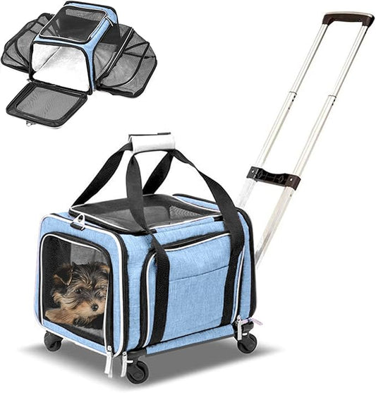 Airline Approved Expandable Premium Pet Carrier on Wheels- Two Sided Expandable Rolling Carrier- Designed for Dogs & Cats- Extra Spacious Soft Lined Carrier! - Light Blue-PawvioPets