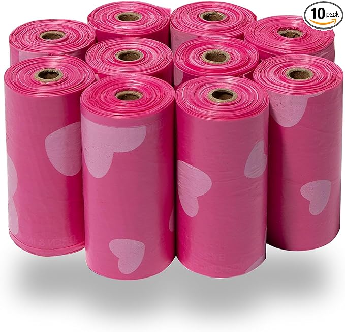 Best Pet Supplies Dog Poop Bags (150 Bags) for Waste Refuse Cleanup, Doggy Roll Replacements for Outdoor Puppy Walking and Travel, Leak Proof and Tear Resistant, Thick Plastic - Pink Heart-PawvioPets