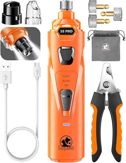 Dog Nail Grinder with 2 LED Lights Powerful 2 Speeds Super Quiet Dog Nail Trimmers with 3 Grinding Wheels Rechargeable Pet Dog Nail Clippers for Large Medium Puppy Dogs Dog Nail File Cat Nail Clipper-PawvioPets