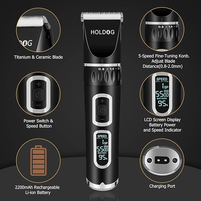 Dog Clippers Professional Heavy Duty Dog Grooming Clipper 3-Speed Low Noise High Power Rechargeable Cordless Pet Grooming Tools for Small & Large Dogs Cats Pets with Thick & Heavy Coats-PawvioPets
