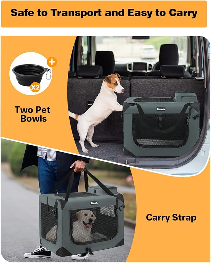 Extra Large Dog Crate with 2 Foldable Bowl, 40 Inch Collapsible Travel Dog Crate Kennel with Soft Blanket for Medium Dogs,Indoor & Outdoor (40" L x 27" W x 27" H, Grey)-PawvioPets