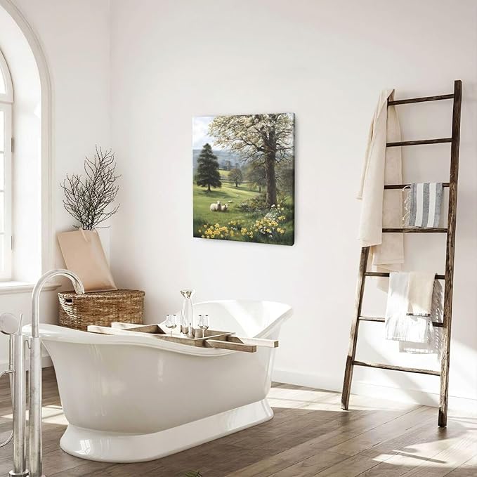 Country Sheep Canvas Wall Decor Farmhouse Rustic Lamb Wildflower Wall Art Nature Countryside Landscape Pictures Painting Print Framed Artwork Decorations for Bathroom Living Room Bedroom 24"x20"-PawvioPets