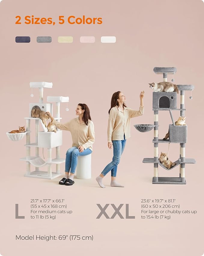 Feandrea Cat Tree, 81.1-Inch Large Cat Tower with 13 Scratching Posts, 2 Perches, 2 Caves, Basket, Hammock, Pompoms, Multi-Level Plush Cat Condo for Indoor Cats, Jelly Pink UPCT190P01-PawvioPets