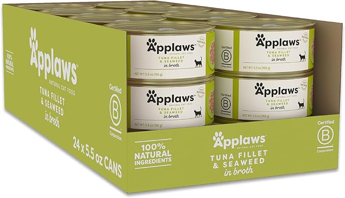 Applaws Natural Wet Cat Food, 24 Count, Limited Ingredient Canned Wet Cat Food, Tuna Fillet with Seaweed in Broth, 5.5oz Cans-PawvioPets