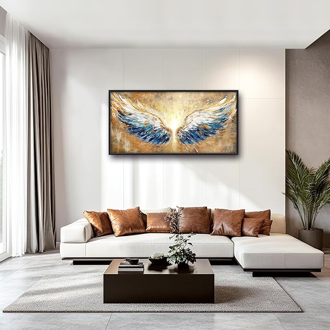 Extra Large Angel Wings Framed Wall Art for Living Room,Oversized Golden Wings Pictures Wall Decor,Holy Gold Blue Canvas Print Painting Modern Artwork Bedroom Office Bathroom 60L" x 30W"-PawvioPets