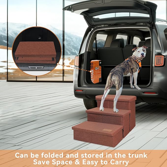 Dog Stairs with Condo 18" H, 3-Step Wider Dog Steps for High Beds Couch, Folding Storage Pet Stairs Gift for Small/Medium/Large Old Dogs Cats, Ramp for Climbing Car Up to 200 lbs, Brown-PawvioPets