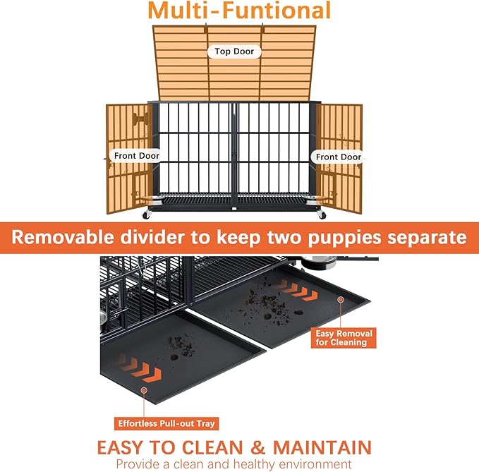 aboxoo 48/42 inch XL Dog Crate for Large Dog/Double Medium Dogs,Heavy Duty Metal Dog Cages,All Metal Open Top,Dog Kennel Indoor with Wheels,Floor Grid, Tray, Divider and Feeding Bowl-PawvioPets
