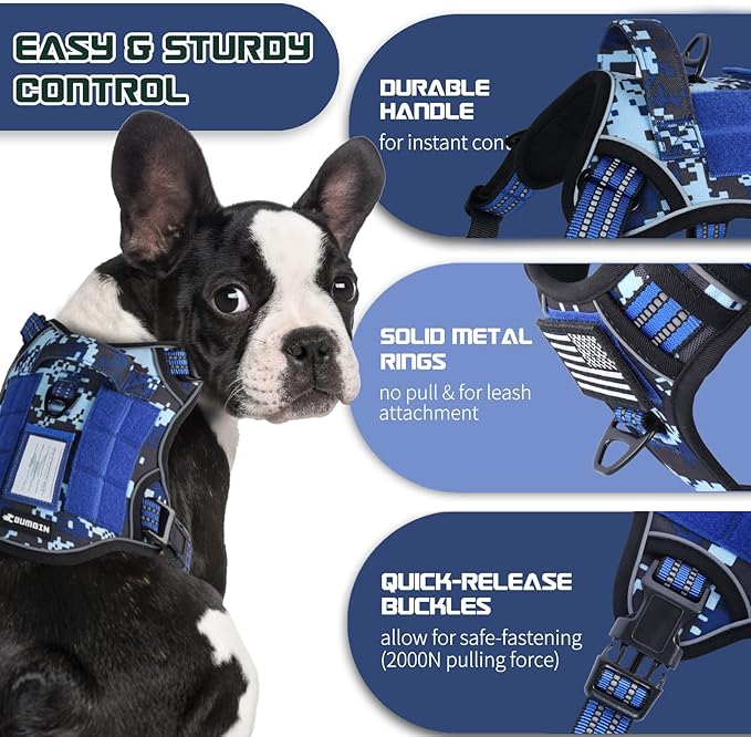 BUMBIN Tactical Dog Harness for Small Dogs No Pull, Famous TIK Tok No Pull Puppy Harness, Fit Smart Reflective Pet Walking Harness for Training, Adjustable Dog Vest Harness with Handle Blue Camo XL-PawvioPets