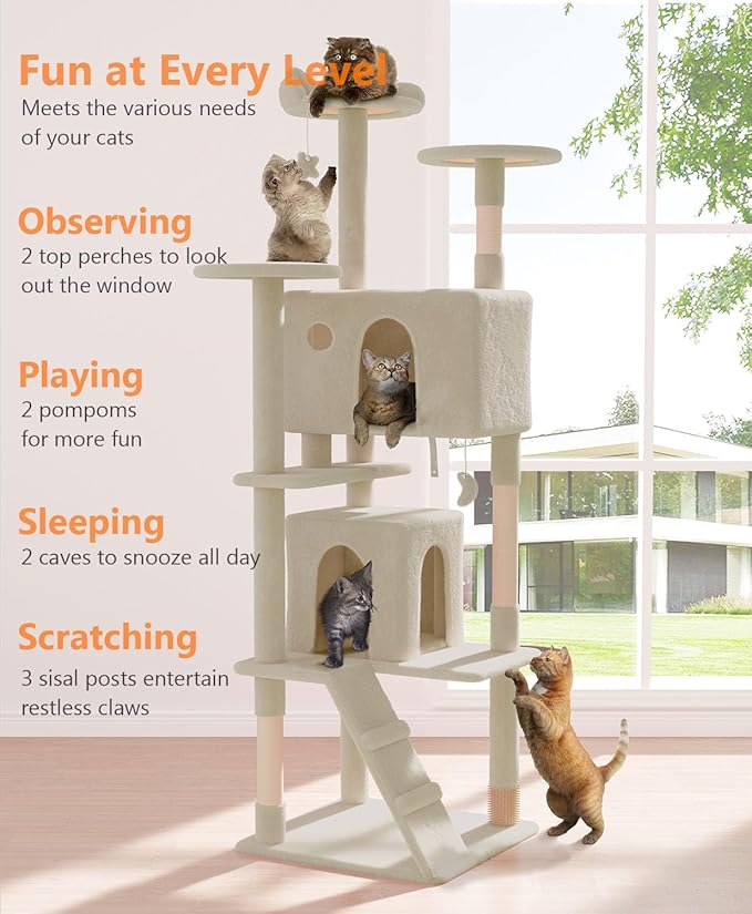 77'' Cat Tree Tower for Indoor Cats Large Adult, Cute/Tall Modern Cat Tree for Big Cats 20 lbs, Plush Multi-Level Cat Condo with Scratching Posts, Dangling Ball for Fun Play (Beige, 77 inch)-PawvioPets
