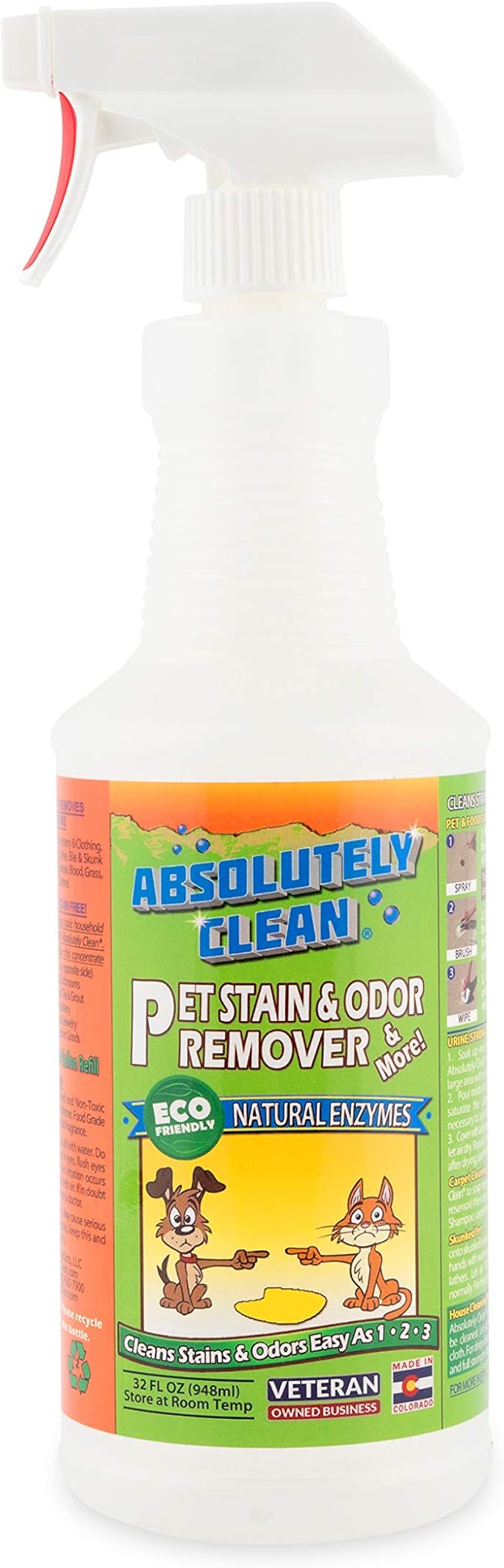 Absolutely Clean Amazing Pet Odor Eliminator for Home, Professional Strength: Natural Enzymes Remove Most Stains in 60 Seconds -Dog/Cat Urine, Vomit, Bile, Feces, Grass, Blood, Drool, More -USA Made-PawvioPets