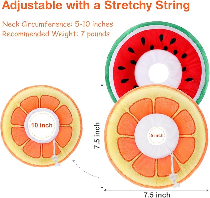 2 Pcs Adjustable Cat Cone Collar Soft Small Cute Cat Recovery Donut Collar After Surgery Orange Watermelon Elizabethan Kitten Neck Cones for Small Dogs Pet, Fruits Shaped, Under 7 lbs-PawvioPets