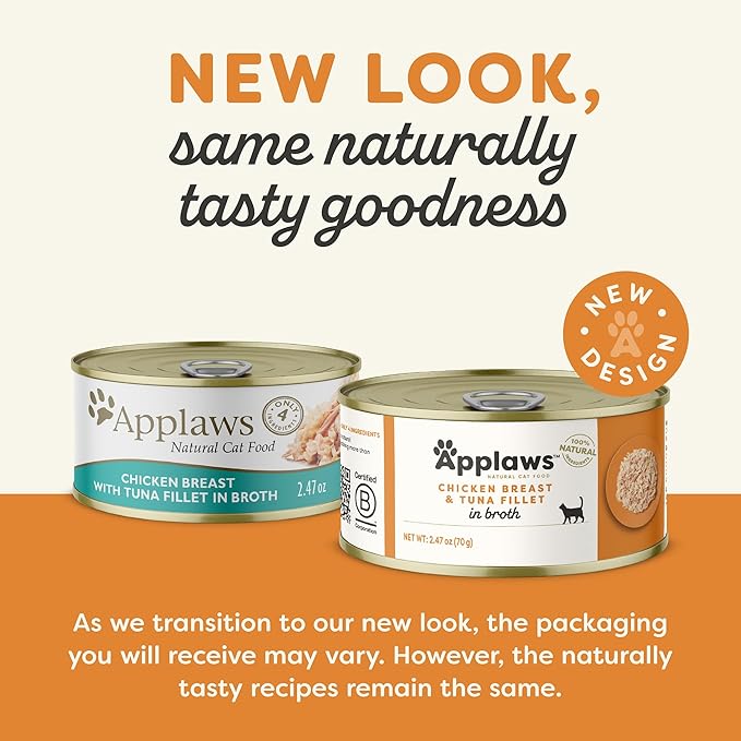 Applaws Natural Wet Cat Food in Broth, Limited Ingredient Canned Wet Cat Food, No Additives, Made with Natural Ingredients, Chicken Breast & Tuna Fillet in Broth (24 x 2.47oz Cans)-PawvioPets