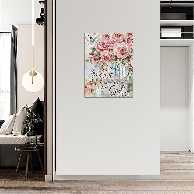 Farmhouse Rose Wall Art Christian Scripture Pictures Pink Rose Wall Decor Rustic Floral Butterfly Canvas Print Painting Artwork for Bathroom Living Room Bedroom 12"x16"-PawvioPets