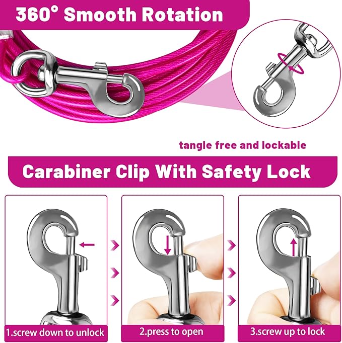Dog Tie Out Cable 10/15/20/25/30 FT Runner for Yard Steel Wire Cable with Durable Superior Clips Pink Chains for Outside Dog Lead for Large Up to 165 Lbs-PawvioPets