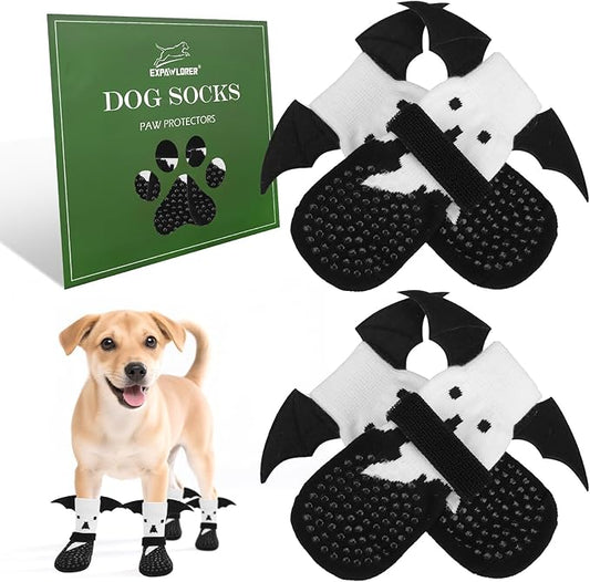 EXPAWLORER Halloween Anti Slip Dog Socks to Prevent Licking Paws, Boots & Paw Protectors with Grippers,Doggie Booties for Hardwood Floors for Small Medium Large Senior Dogs Costume White Ghost Wings S-PawvioPets