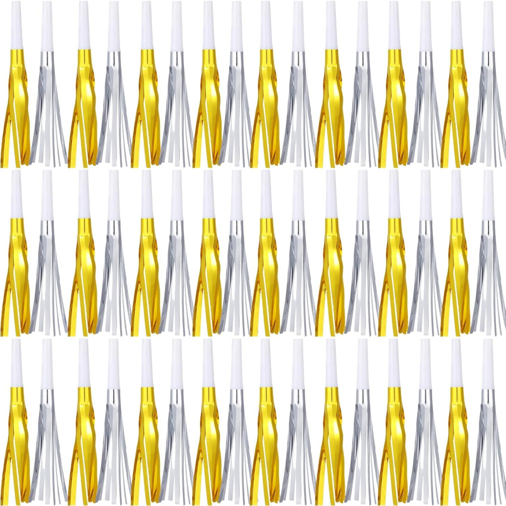 Metallic Fringed Noise Makers, 48 Pcs, Gold White, Silver White, for Noise Makers Party Favors, Baby Shower, Kids Birthday, New Year Party