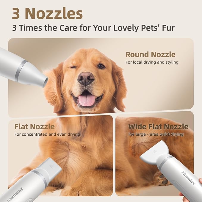 Dog Dryer Handheld Pet Hair Dryer: 3HP High-Velocity Blower with 3 Speeds & 4 Temps Lightweight, Quiet Design. Portable Blow for Travel & Home Grooming. Includes 3 Nozzles (White).-PawvioPets