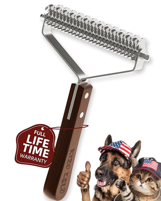 Extra Large 2-Sided Undercoat Rake for Dogs & Cats, Dog Brush for Shedding Remove Mats, Dematting Comb, Safe&Gentle Grooming Brush for German Shepherds Medium to Long-Haired Pets,Premium Wooden Handle-PawvioPets