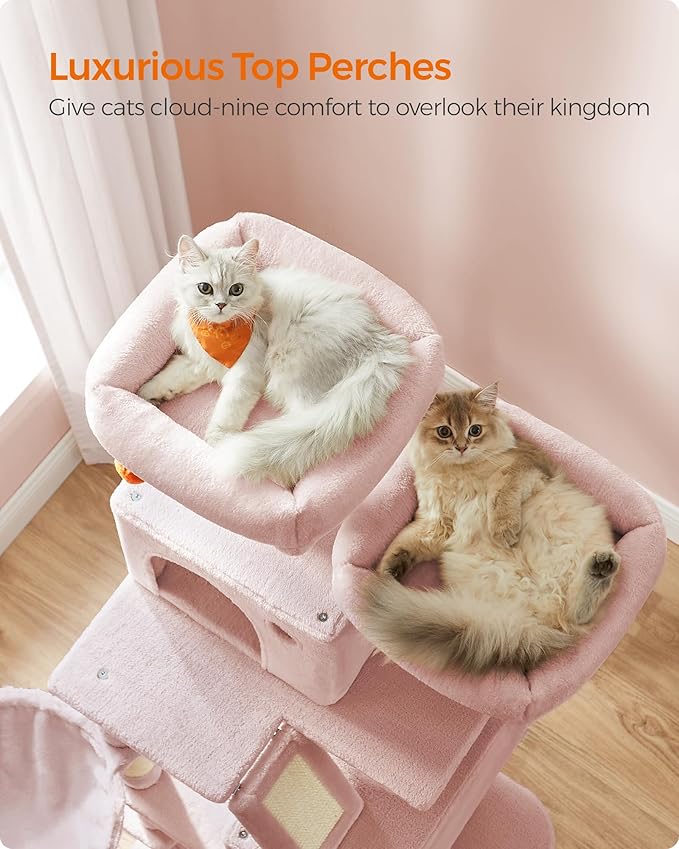 Feandrea Cat Tree, 66.1-Inch Large Cat Tower with 13 Scratching Posts, 2 Perches, 2 Caves, Basket, Hammock, Pompoms, Multi-Level Plush Cat Condo for Indoor Cats, Jelly Pink UPCT165P01-PawvioPets