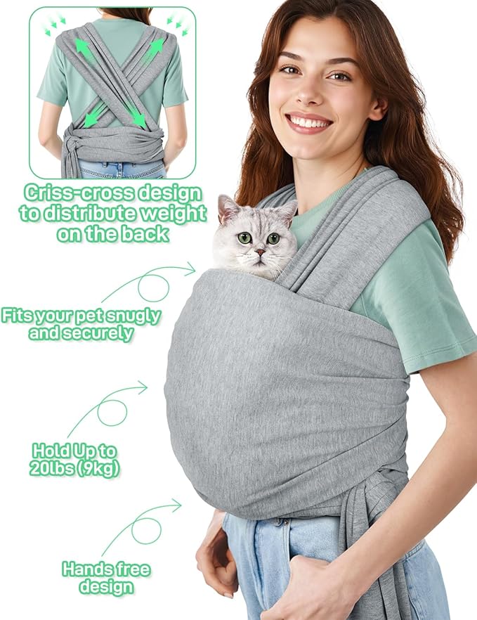 Dog Sling Swaddle Carrier for Small Dog, Cat Front Carriers for Small Pet up to 20lbs, Puppy Pouch with Adjustable Straps, Hands Free Pet Sling, Anti Anxiety Puppy Sling (Light Grey)-PawvioPets