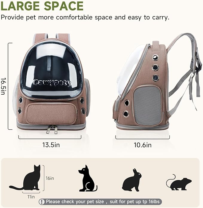 Cat Backpack Carrier, Breathable Cat Carrier Large Space Bubble Pet Backpack for Kitty Small Dog up to 15lbs, Transparent & Foldable Pet Carrier for Travel Hiking-PawvioPets