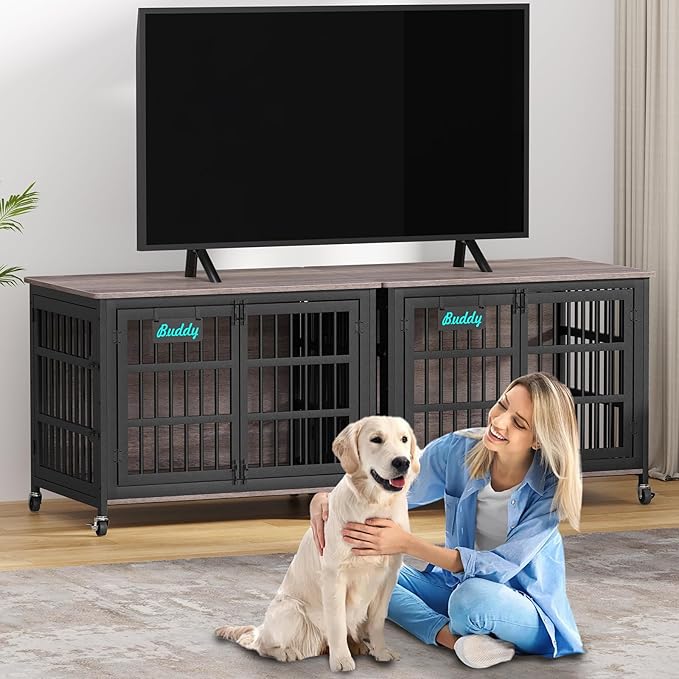 EasyCom 42"/41"/33" XL Dog Crate Furniture with Casters, Heavy Duty Dog Kennel Indoor for Large and Medium Dogs, Double-Doors Sturdy Dog Cage for Anxiety Dog, Decorate House as TV Stand, Bedside Table-PawvioPets
