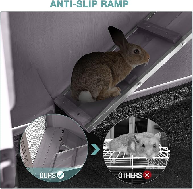 2-Tier Indoor Rabbit Hutch Bunny House Guinea Pig Cage with Sliding Plastic Trays, Wheels & Ramp, 47.2" Multi-Door Wooden Small Animal Cage for Rabbits, Bunnies, and Guinea Pigs (Grey)-PawvioPets