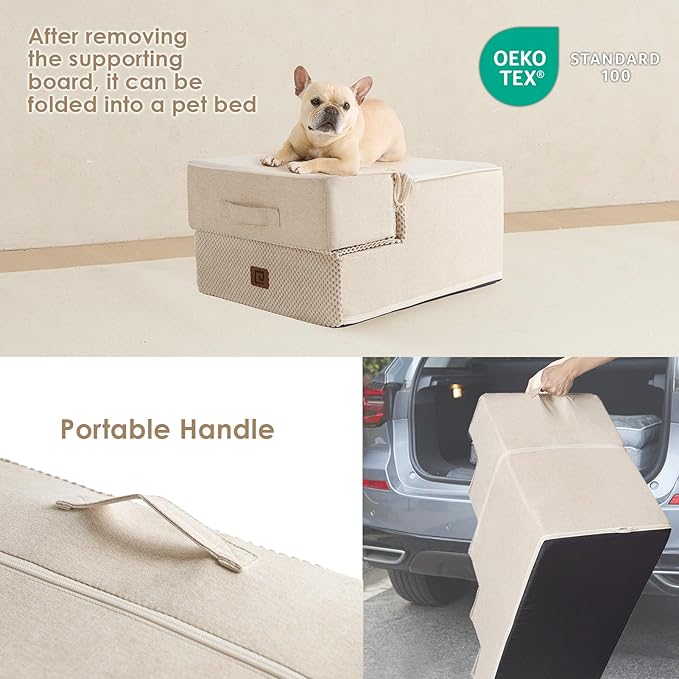 EHEYCIGA Dog Stairs for Small Dogs 13.5" H, 3-Step Dog Steps for Couch Sofa and Chair, Pet Steps for Medium Cats, Non-Slip Balanced Pet Ramp Indoor, Beige-PawvioPets