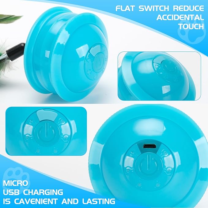 Cat Feather Toy Ball Automatic Moving Interactive Cat Toys for Indoor Cats, Self Rolling Electric Smart Tumbler Ball with Colorful Light and Big Feather Chasing Game (Blue)-PawvioPets