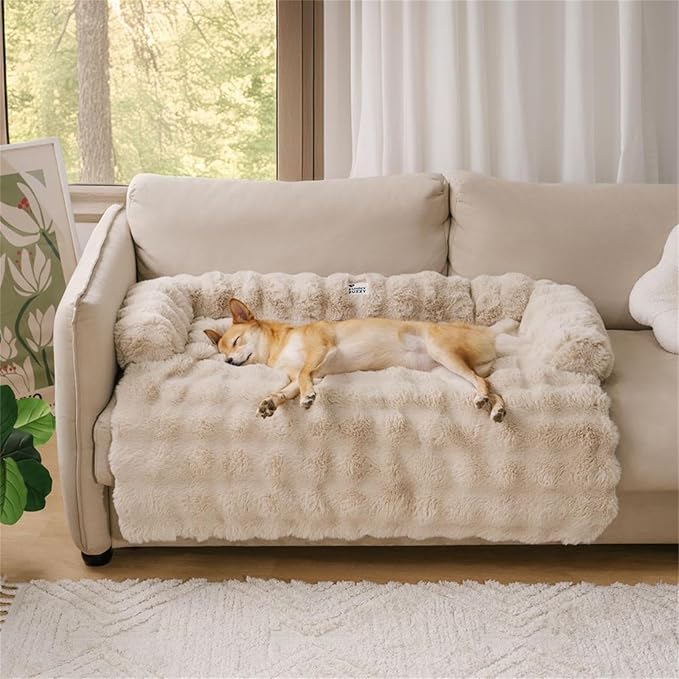 FUNNY FUZZY Pet Fluffy Plush Calming Dog Couch Bed Sofa Protector Washable Pets Mat for Large Medium Small Dogs and Cats (Coffee,47.24 × 37.4 × 6.3 in)-PawvioPets