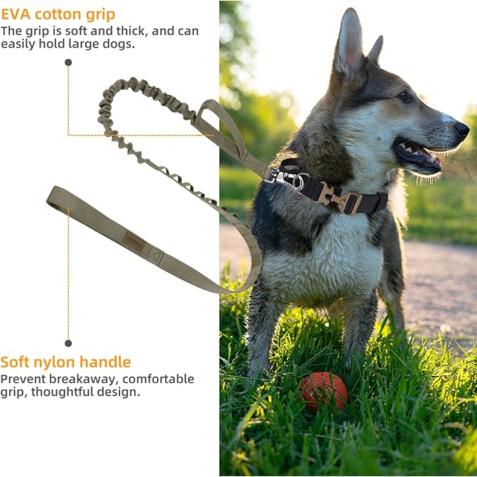 Excellent Elite Spanker Tactical Bungee Dog Leash Military Adjustable Dog Leash Quick Release Elastic Leads Rope with 2 Control Handle(Ranger Green)-PawvioPets